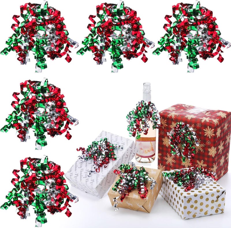Lyrow Store 30 Pcs Curly Bows Self Adhesive Gift Wrap Accessory Holiday Gift Bows for Presents Wrapping Wine Bottle Treat Bag Bridal Shower Wedding Party Favor(Red Green Silver) - Image 1